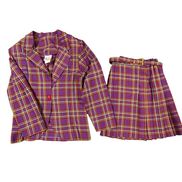Vintage Lannie Purple Plaid Tartan Blazer and Matching Pleated Skirt Youth Sz 14 - Picture 1 of 14